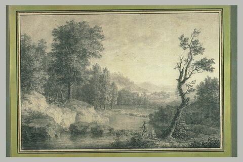 Paysage avec deux hommes au bord d'une rivière et trois cerfs