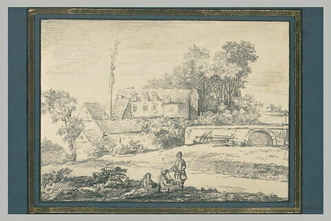 Paysage avec un château, des arbres, dont un mai et trois figures