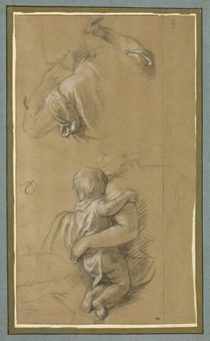 Femme assise tenant un enfant. Figure à mi-corps, vue presque de dos, image 1/2