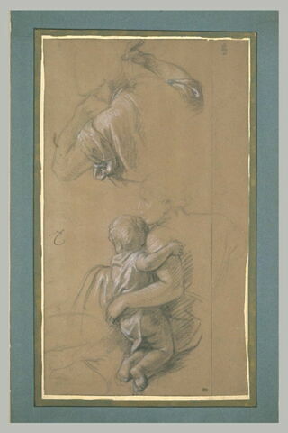 Femme assise tenant un enfant. Figure à mi-corps, vue presque de dos, image 2/2