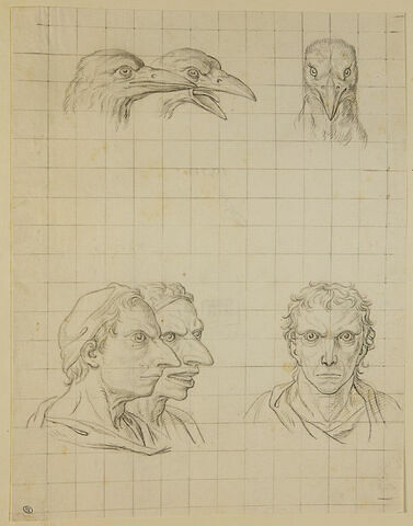 Trois têtes de corbeaux et trois têtes d'hommes en relation avec le corbeau