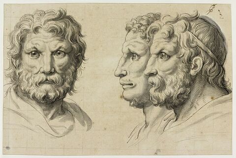 Trois têtes d'hommes en relation avec le lion