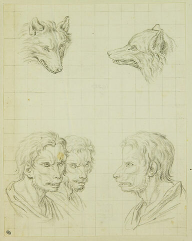 Deux têtes de loups et trois têtes d'hommes en relation avec le loup