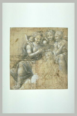 Trois anges lisant ; esquisse d'une autre figure assise, vue de dos, image 2/2