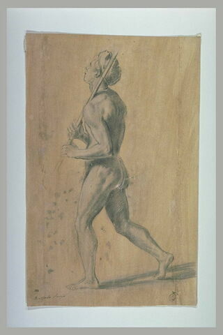 Un homme nu, marchant vers la gauche en tenant un bâton, image 2/2