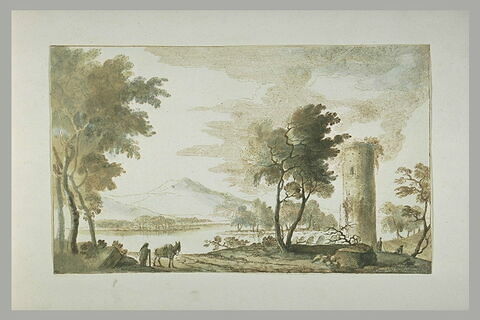 Paysage avec un muletier, et une tour ruinée au bord d'une rivière, image 1/1