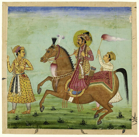 Prince moghol à cheval accompagné de deux serviteurs