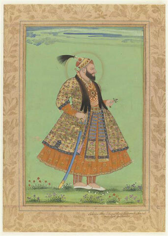 Portrait d'Abu'l-Hasan Qutb Shah roi de Golconde : debout, appuyé sur un sabre, une fleur dans la main gauche
