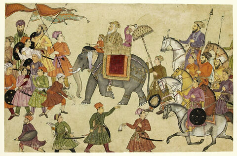 L'empereur Shah Jahan monté sur un éléphant et accompagné de sa suite