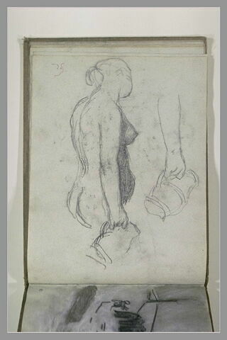 Etude d'une femme nue portant une cruche, vue à mi-corps ; reprise du bras, image 2/2
