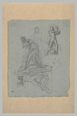 Trois croquis d'un homme sonnant dans une trompe, étude pour une statue, image 1/1