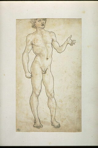 Jeune homme nu debout, de trois-quarts vers la droite,  le bras gauche à demi-tendu, la main ouverte, image 4/5
