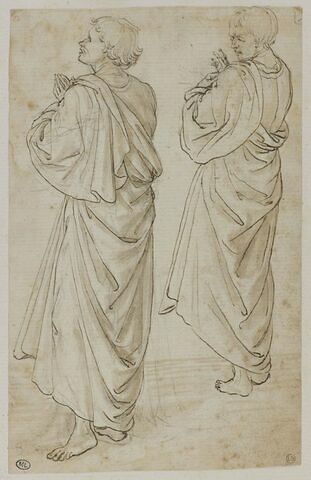 Deux hommes drapés, debout, vu de trois-quarts vers la gauche par le dos, l'un en profil fuyant les mains jointes, l'autre bénissant ( ?) : études pour deux apôtres ?