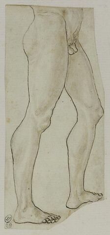 Moitié inférieure du corps d'un homme nu, vu profil vers la droite