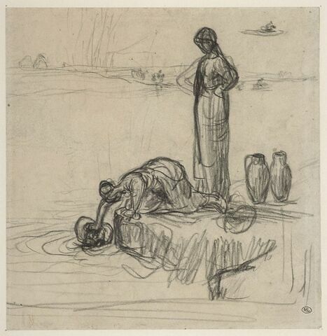 Etude de deus femmes remplissant des jarres d'eau, image 1/2