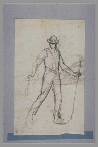 Jeune paysan coiffé d'un chapeau rond, marchant avec un bâton, image 2/2