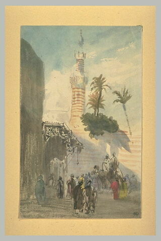 Place dominée par un minaret, au Caire
