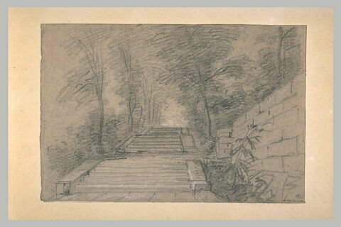 Un escalier, près d'un muret, encadré d'arbres
