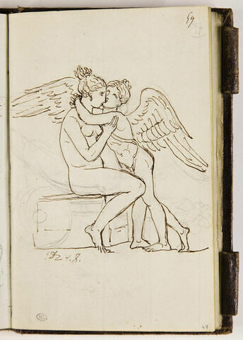 Jeune fille nue, assise, serrant dans ses bras un jeune amour, image 1/3