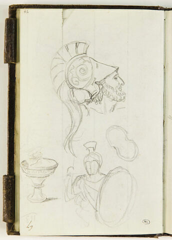 Tête d'homme casqué ; une coupe ; guerrier vu à mi-corps ; bouclier, image 1/2
