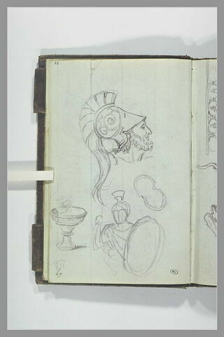 Tête d'homme casqué ; une coupe ; guerrier vu à mi-corps ; bouclier, image 2/2