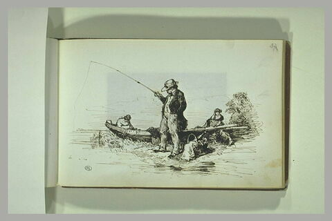 Pêcheur à la ligne, avec deux figures l'attendant dans une barque