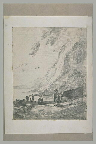 Personnages et bêtes au bord de l'eau, cernée de falaises, image 2/2
