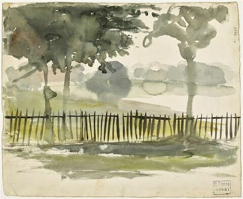 Paysage de la campagne anglaise, avec trois arbres près d'une clôture, image 1/4