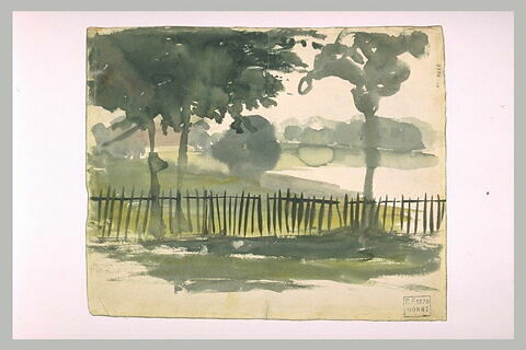 Paysage de la campagne anglaise, avec trois arbres près d'une clôture, image 3/4