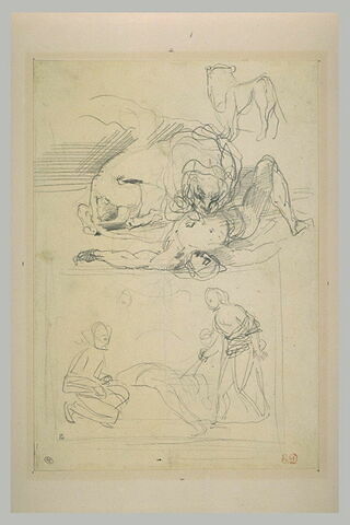 Lion dévorant un cadavre et deux personnages près d'un mort