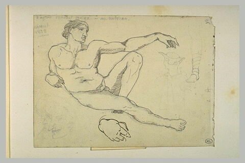 Homme nu à demi-étendu, tête, jambe et main : Adam