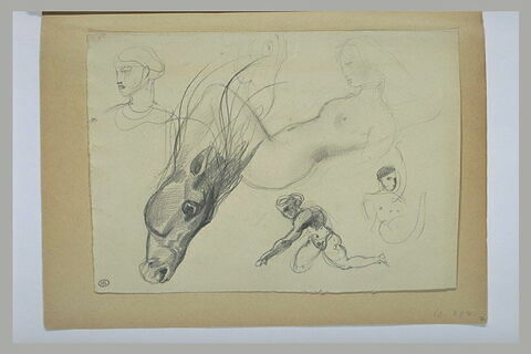 Femme nue, jambes repliées ; têtes ; tête de cheval ; figure nue