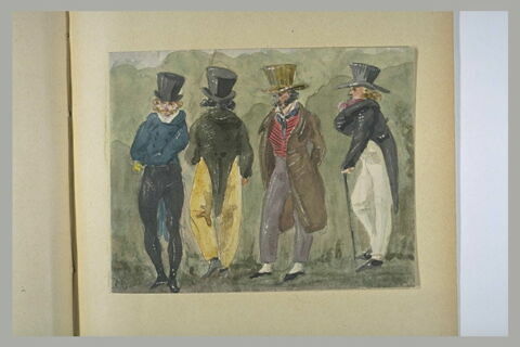 Quatre élégants, coiffés de hauts chapeaux, image 1/1