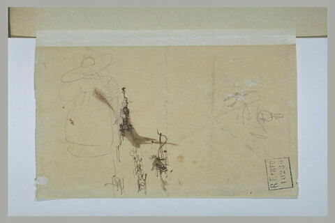 Femme coiffée d'un chapeau ; cavalier ; griffonis, image 1/1