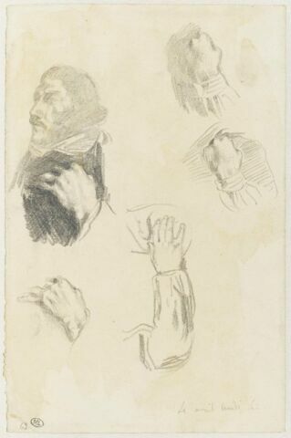 Homme, la main sur sa poitrine : E. Delacroix ; étude de mains, image 1/2