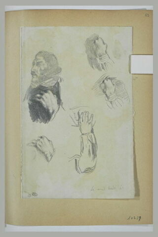 Homme, la main sur sa poitrine : E. Delacroix ; étude de mains, image 2/2
