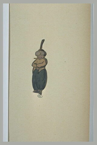 Caricature d'un turc, à pantalon bouffant, coiffé d'un turban à aigrette