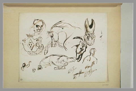 Etudes diverses avec blason, chapeau et évêque, image 1/1