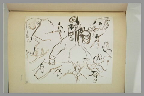 Caricatures de chevaux et d'hommes dont un joueur de contrebasse