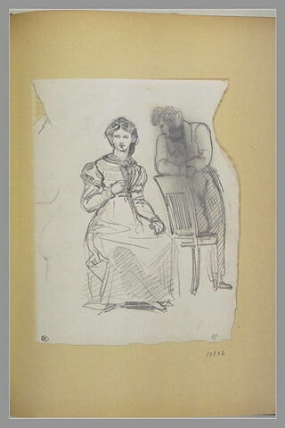 Une femme assise ; un homme accoudé à une chaise, image 1/1