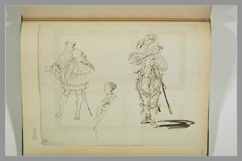 Vieillard et soldat en costume ancien et femme de profil, image 1/2