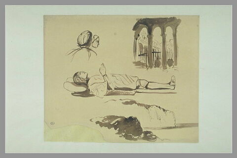 Etudes de ruines, d'un gisant, de figures, et de falaises au bord de la mer, image 1/1
