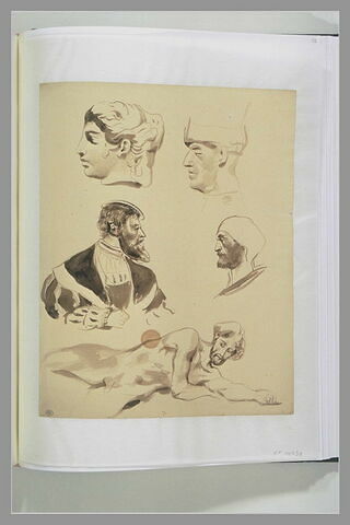 Trois têtes d'homme ; homme en costune renaissance ; homme nu à terre, image 1/1