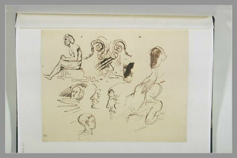 Etudes d'une figure nue assise, de têtes et d'un ornement, image 1/1