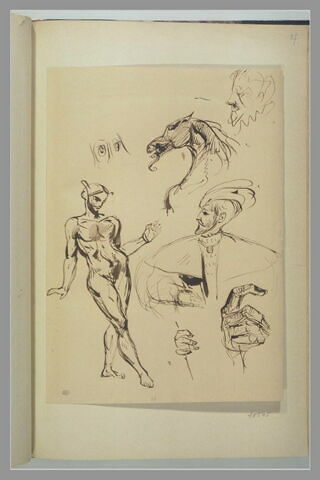 Etudes : tête de cheval ; tête et buste d'homme, main, diable, image 1/1