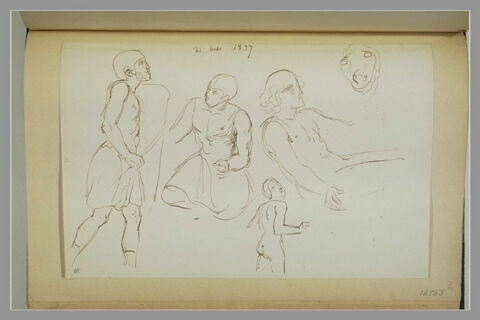 Etudes : deux soldats ; deux hommes nus ;  tête de cheval, image 1/1