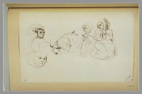 Etudes : deux vieilles femmes assises ; visage ; jeune homme ; figure, image 1/1