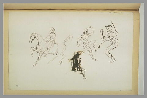 Etudes de quatre figures dont un cavalier tourné vers la gauche, image 1/1