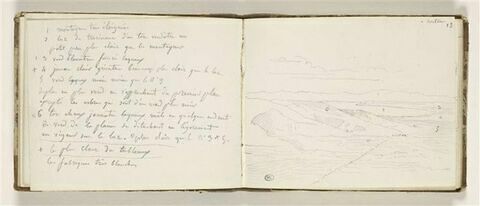 Notes manuscrites : indications de couleurs concernant un paysage montagneux avec le lac de Trasimène, relative au dessin du folio 13 recto, image 1/2