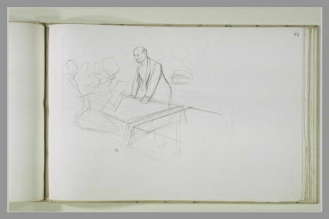 Un garçon devant deux personnages attablés, lisant la carte, image 1/1